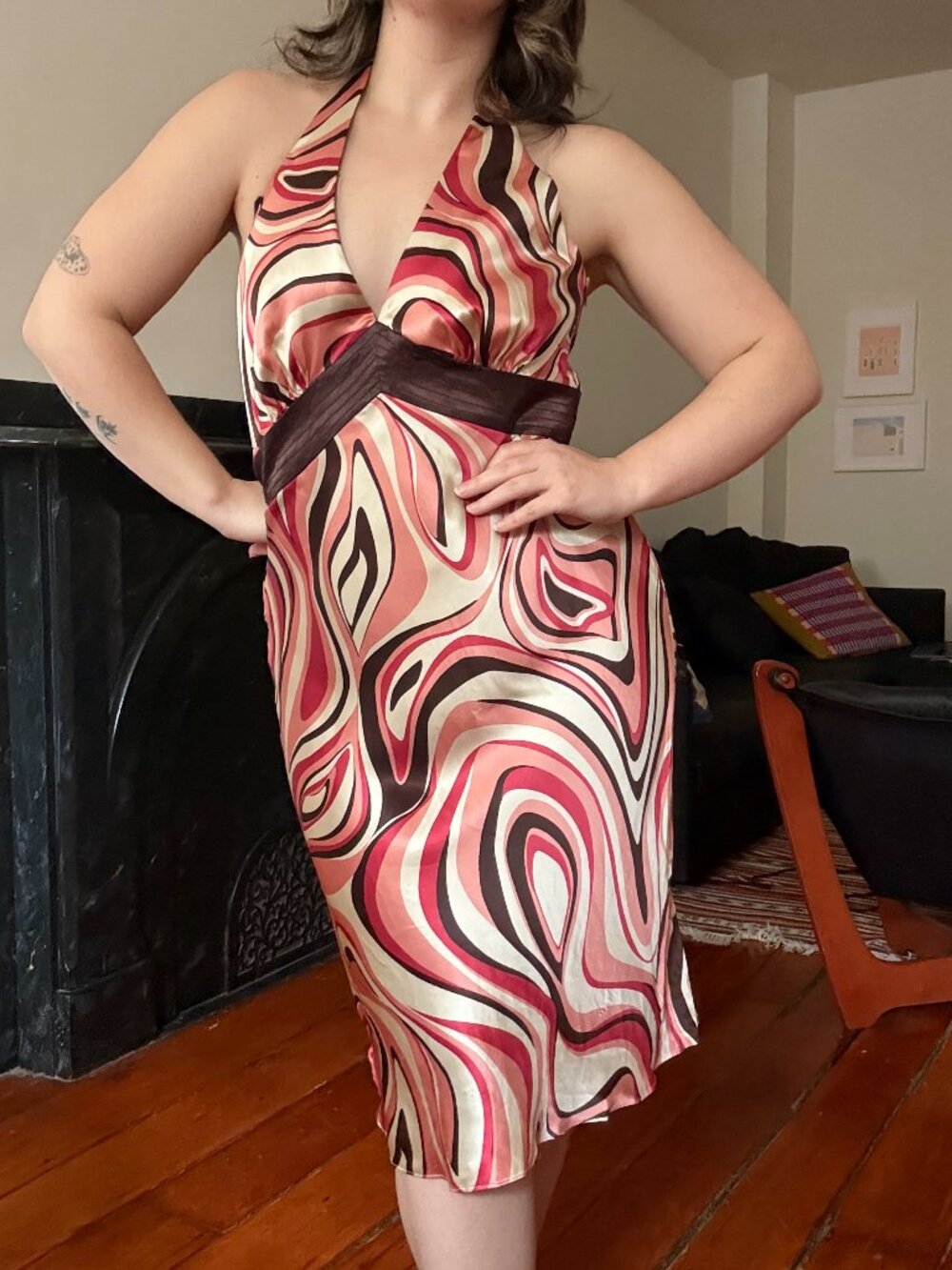 Y2K Groovy Pink, Brown, & Cream 100% Silk Halter Dress - Laundry By Shelli Segal